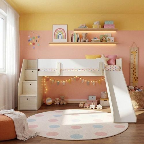 Cama Elevada com Escada Lateral e Escorregador Artsy Casatema Natural/Branco Amadeirado/Branco