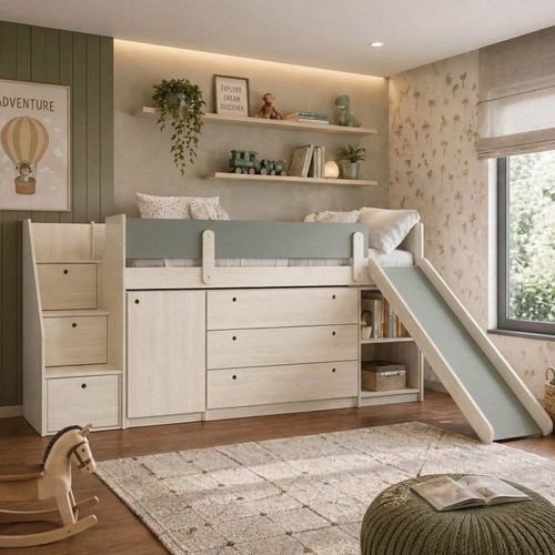 Cama Alta com Armários, Cômoda e Escorregador Artsy Casatema Natural/Verde Amadeirado/Verde