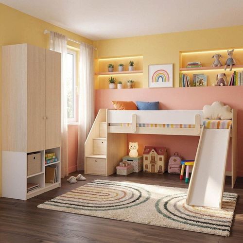 Cama Alta com Escorregador Artsy e Guarda Roupa 2 Portas Curió Casatema Branco Amadeirado/Branco