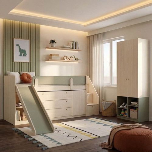 Cama Alta com Escorregador Artsy e Guarda Roupa 2 Portas Curió Casatema Verde Amadeirado/Verde