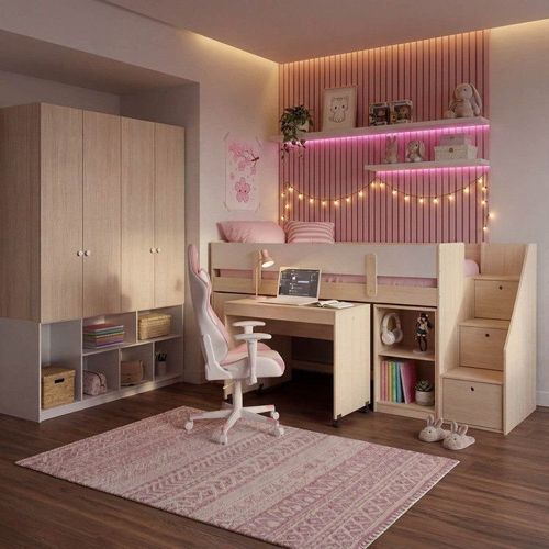 Cama Alta com Escrivaninha Artsy e Guarda Roupa 4 Portas Curió Casatema Branco Amadeirado/Branco