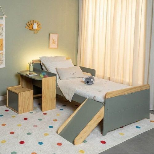 Cama Infantil com Kit Escrivaninha, Escorregador e Nicho Petit Casatema Natural/Ver Natural/Verde