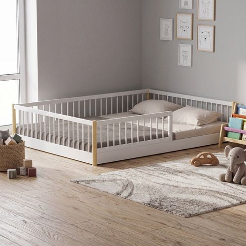 Cama Infantil Montessoriana de Madeira Maciça Casal Vivi - Branco/Oak Branco/Oak