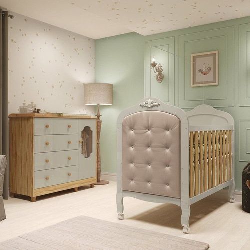 Quarto Bebê com Cômoda e Berço 3 em 1 com Capitonê MDF Maya Provençal Yescasa Bege/Amendoa/Off  Off White/Amêndoa