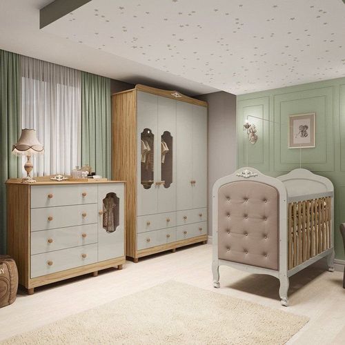Quarto Bebê com Guarda-Roupa Cômoda e Berço com Capitonê MDF Maya Provençal Yescasa Amêndoa/Of Off White/Amêndoa