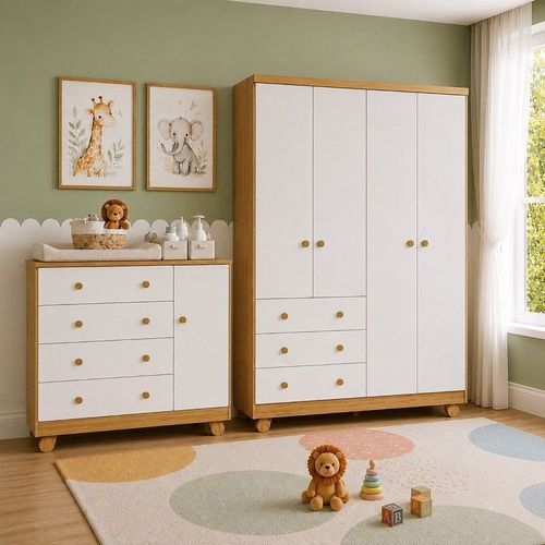 Quarto de Bebê Guarda-Roupa 4 Portas e Cômoda 4 Gavetas Levy 100% MDF Branco/Amêndoa Espresso Mó Amêndoa/Branco Brilho