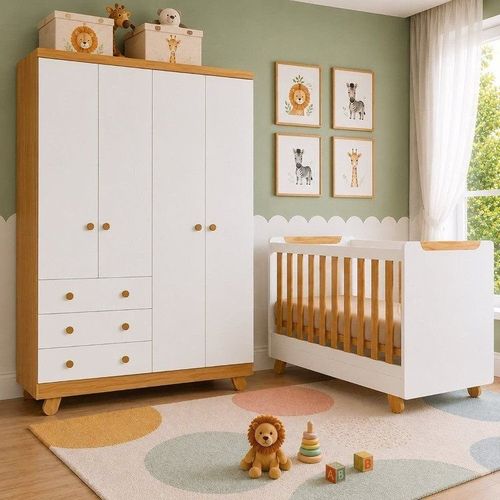 Quarto de Bebê Guarda-Roupa 4 Portas e Berço Minicama 4 em 1 Levy 100% MDF Yescasa Amêndoa/Branco Brilho