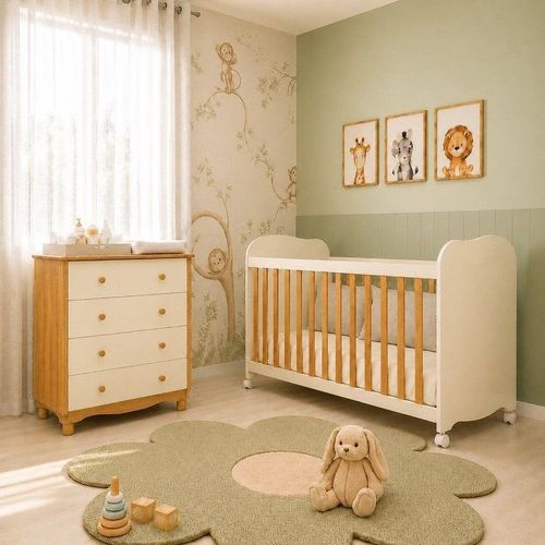 Quarto de Bebê com Cômoda e Berço com Rodizio Mimo 100% MDF Bege/Amêndoa/Off White Espresso Móv Amêndoa/Off White