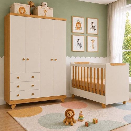 Quarto de Bebê Guarda-Roupa 4 Portas e Berço Minicama 4 em 1 Levy 100% MDF Yescasa Amêndoa/Off White