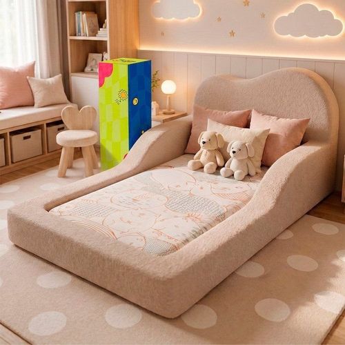Cama Montessoriana Solteiro Cloud 118x220cm Xpand Tech Bouclê Cama Inbox Bege Claro