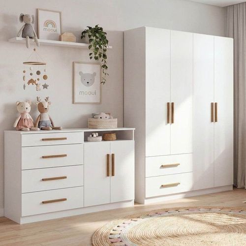 Conjunto Infantil Guarda Roupa 4 Portas e 2 Gavetas e Cômoda Casulo Casatema Branc Branco
