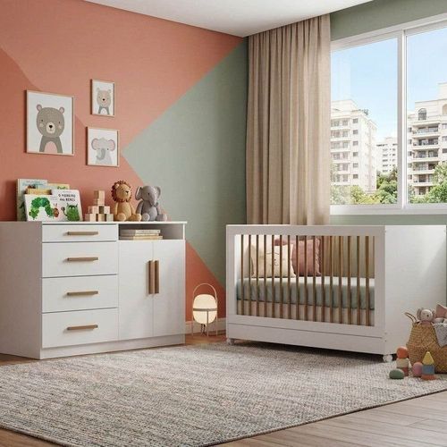 Conjunto de Bebê com Berço Evolutivo e Cômoda 4 Gavetas Casulo Casatema Branco Branco