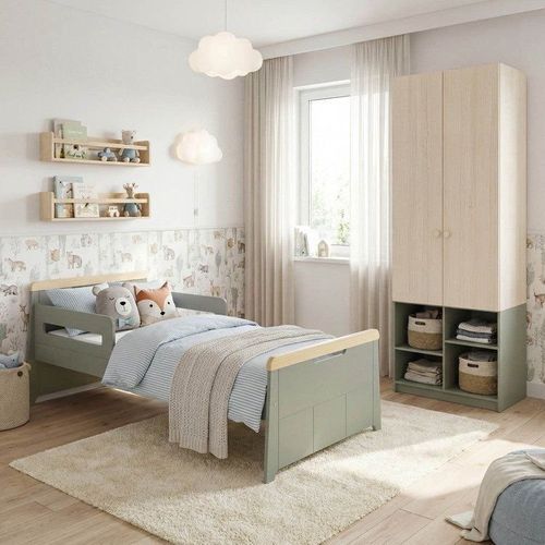Quarto Infantil Cama com Grades e Guarda Roupa Petit/Curió 2 Portas Casatema Verde Verde/Natural