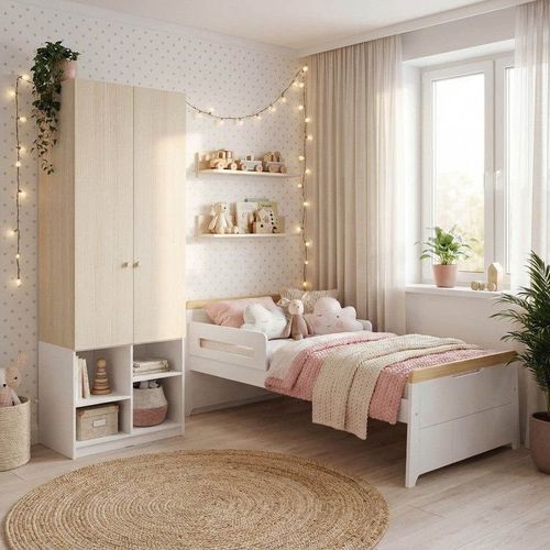 Quarto Infantil Cama com Grades e Guarda Roupa Petit/Curió 2 Portas Casatema Natur Branco/Natural