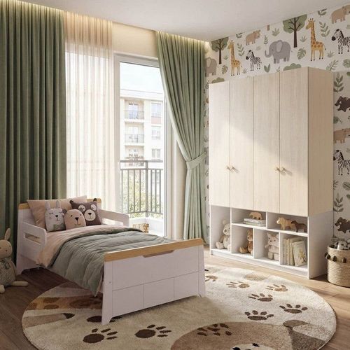 Quarto Infantil Cama com Grades e Guarda Roupa Petit/Curió 4 Portas Casatema Natur Branco/Natural