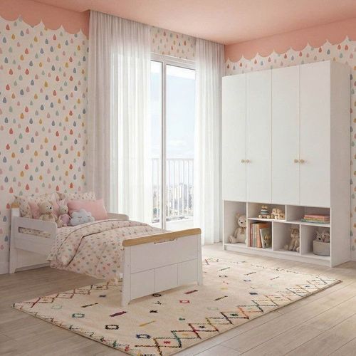 Quarto Infantil Cama com Grades e Guarda Roupa Petit/Curió 4 Portas Casatema Branc Branco