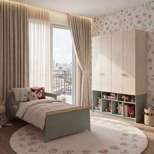 Quarto Infantil Cama com Grades e Guarda Roupa Petit/Curió 4 Portas Casatema Verde Verde/Natural