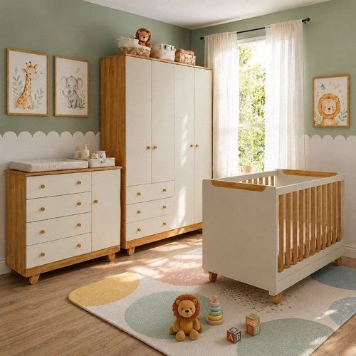 Quarto de Bebê Guarda-Roupa 4 Portas Cômoda e Berço Minicama 4 em 1 Levy 100% MDF Yescasa Amêndoa/Off White