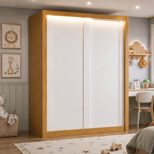 Guarda Roupa Infanto Juvenil 100% MDF 2 P Correr 4 Gavetas com LED Boston Branco Cinamomo Yescasa Cinamomo/Branco