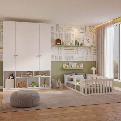 Quarto Montessoriano Cama Giulia e Guarda-Roupa Curió 4 Portas Casatema Branco Branco