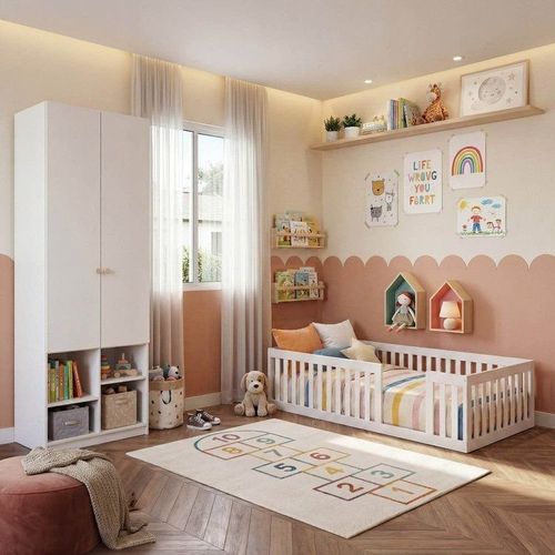 Quarto Montessoriano Cama Giulia e Guarda-Roupa Curió 2 Portas Casatema Branco Branco