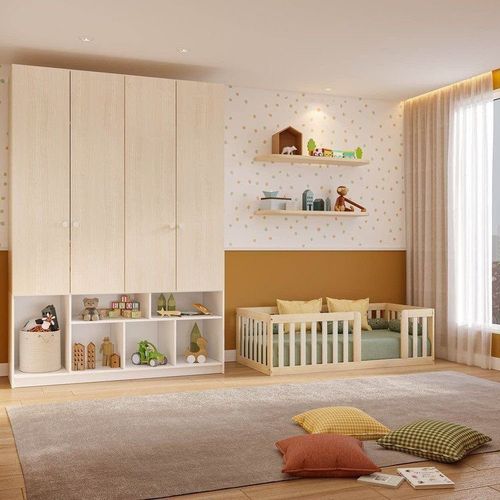 Quarto Montessori Mini Cama Giulia e Guarda-Roupa Curió 4 Portas Casatema Natural Natural/Branco