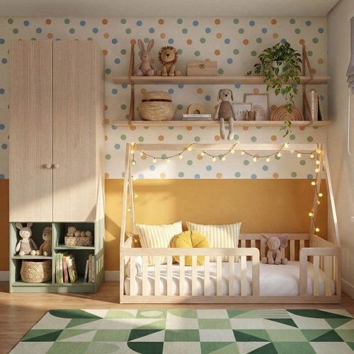 Quarto Montessori Cama Telhado Giulia e Guarda-Roupa Curió Casatema Natural/Verde Natural/Verde