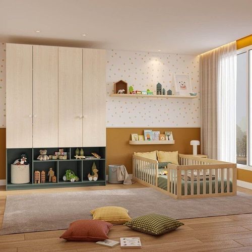 Quarto Montessori Cama Giulia e Guarda-Roupa Curió 4 Portas Casatema Natural/Verde Natural/Verde
