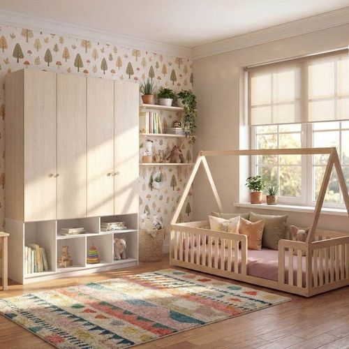 Quarto Montessori Cama Telhado Giulia e Guarda-Roupa Curió Casatema Natural/Branco Natural/Branco