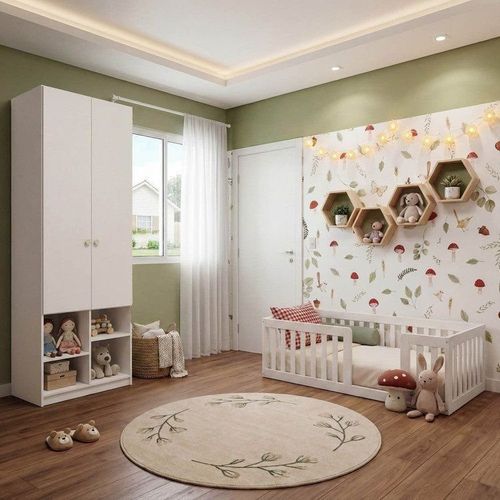 Quarto Montessori Mini Cama Giulia e Guarda-Roupa Curió 2 Portas Casatema Branco Branco