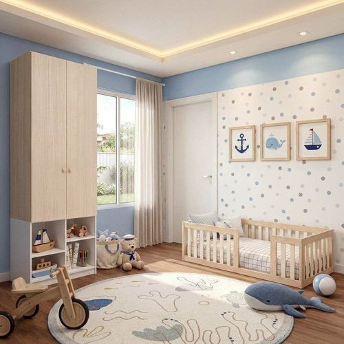 Quarto Montessori Mini Cama Giulia e Guarda-Roupa Curió 2 Portas Casatema Natural/ Natural/Branco