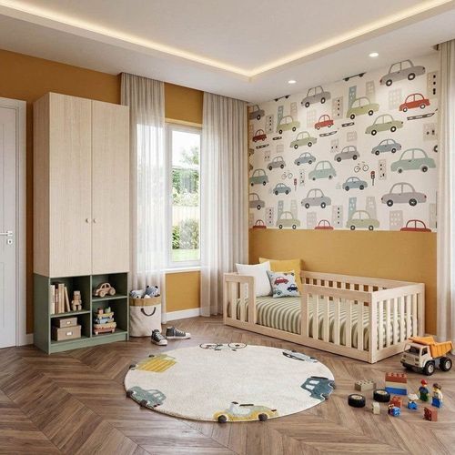 Quarto Montessori Mini Cama Giulia e Guarda-Roupa Curió 2 Portas Casatema Natural/ Natural/Verde