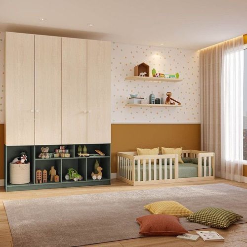 Quarto Montessori Mini Cama Giulia e Guarda-Roupa Curió 4 Portas Casatema Verde Natural/Verde