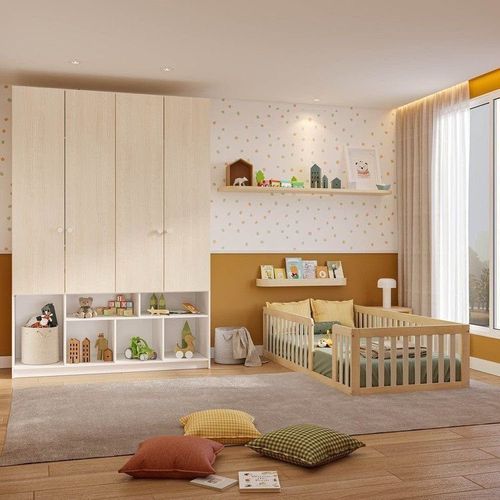 Quarto Montessori Cama Giulia e Guarda-Roupa Curió 4 Portas Casatema Natural/Branc Natural/Branco