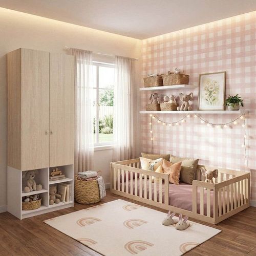 Quarto Montessori Cama Giulia e Guarda-Roupa Curió 2 Portas Casatema Natural/Branc Natural/Branco