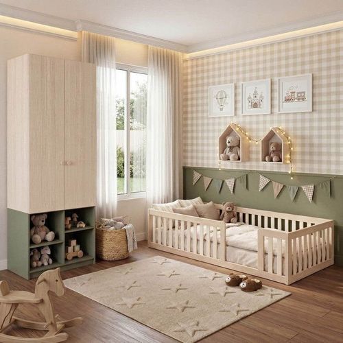 Quarto Montessori Cama Giulia e Guarda-Roupa Curió 2 Portas Casatema Natural/Verd Natural/Verde