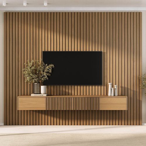 Rack com Painel Ripado para TV até 86 Polegadas Planejado 320CMX250CM Aruá CabeCasa MadeiraOriginals Marrom Jatobá Jatoba