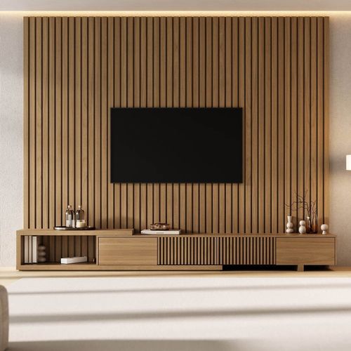 Rack Extensível com Painel Ripado TV 86 Polegadas Planejado 280x230cm Aruá CabeCasa MadeiraOrigina Jatoba