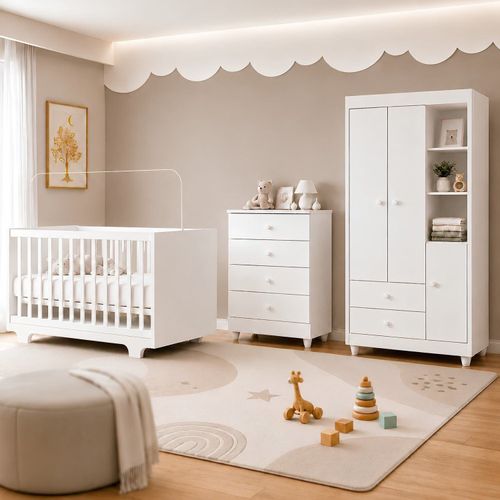 Quarto de Bebê Completo com Cômoda Berço com Colchão e Guarda Roupa 100%MDF Encanto Branco