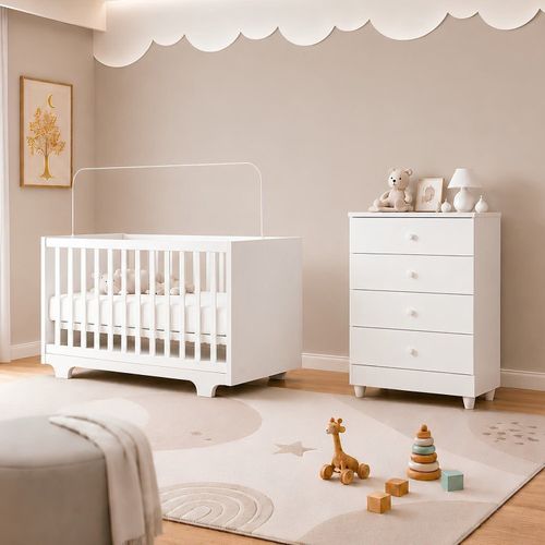 Quarto de Bebê Completo com Berço Mini Cama com Colchão e Cômoda 100% MDF Encanto Branco