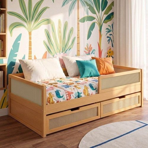 Cama Infantil Solteiro com Grades e Gavetas Madeira Maciça Magna Kids Casatema Natural