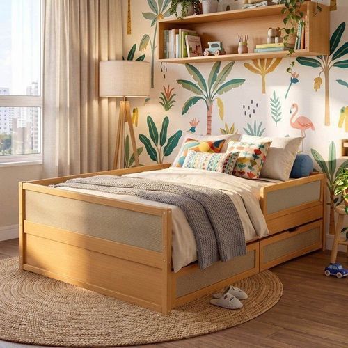 Cama Infantil Casal com Grades e Gavetas Madeira Maciça Magna Kids Casatema Natural