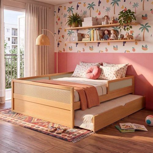 Cama Infantil Casal com Grades e Cama Auxiliar Madeira Maciça Magna Kids Casatema Natural