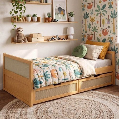 Cama Infantil Solteiro com Gavetas Madeira Maciça Magna Kids Casatema Natural