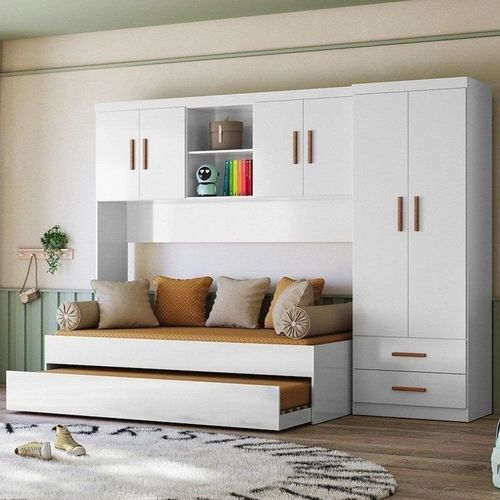 Quarto Completo Solteiro Juvenil 4 Peças com Guarda Roupa e Bicama Onix Branco e Branco/Nature Flex Branco/Nature Flex