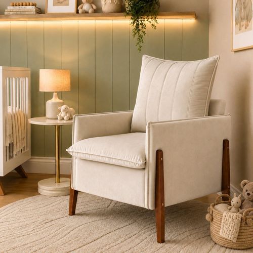 Poltrona de Amamentação Decorativa para Quarto de Bebê Pés Madeira Maciça Ternura Bege
