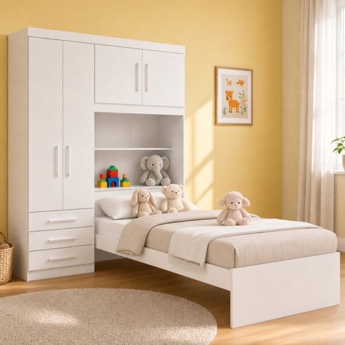 Guarda-Roupa Infantil Juvenil com Cama de Solteiro e Baú Advantage 4 Portas 3 Gavetas Branco Branco