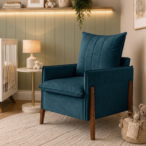 Poltrona de Amamentação Decorativa para Quarto de Bebê Pés Madeira Maciça Ternura Azul