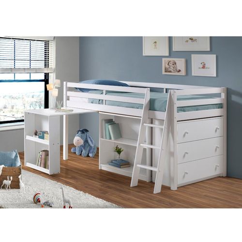 Cama Alta Infantil/Juvenil Multifuncional Roxy Iii com Cômoda e Prateleiras Branco MI