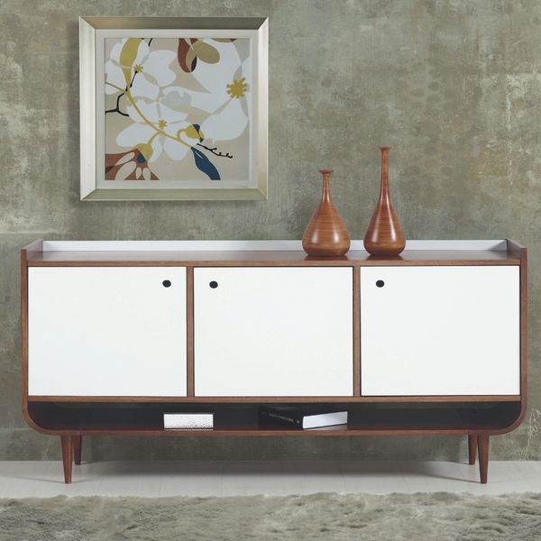 Buffet 3 Portas Vintage Laqueado Fosco Branco e Estrutura Madeira